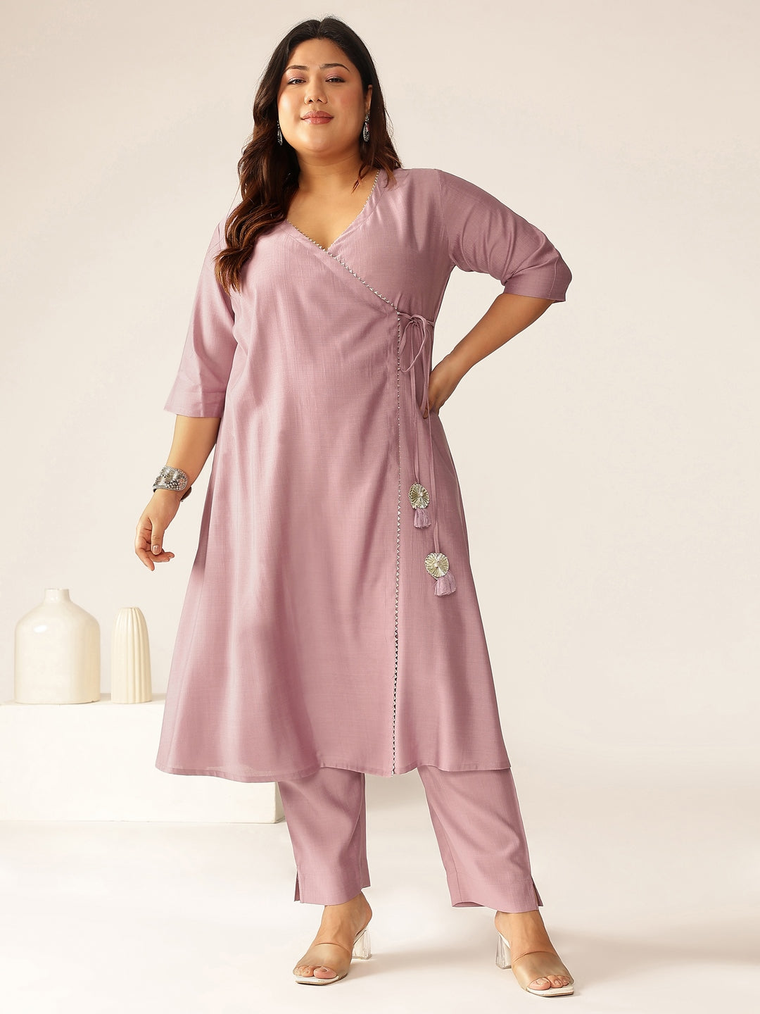 Janasya Light Silk Blend Solid Angrakha Kurta Set | Swadesiicart