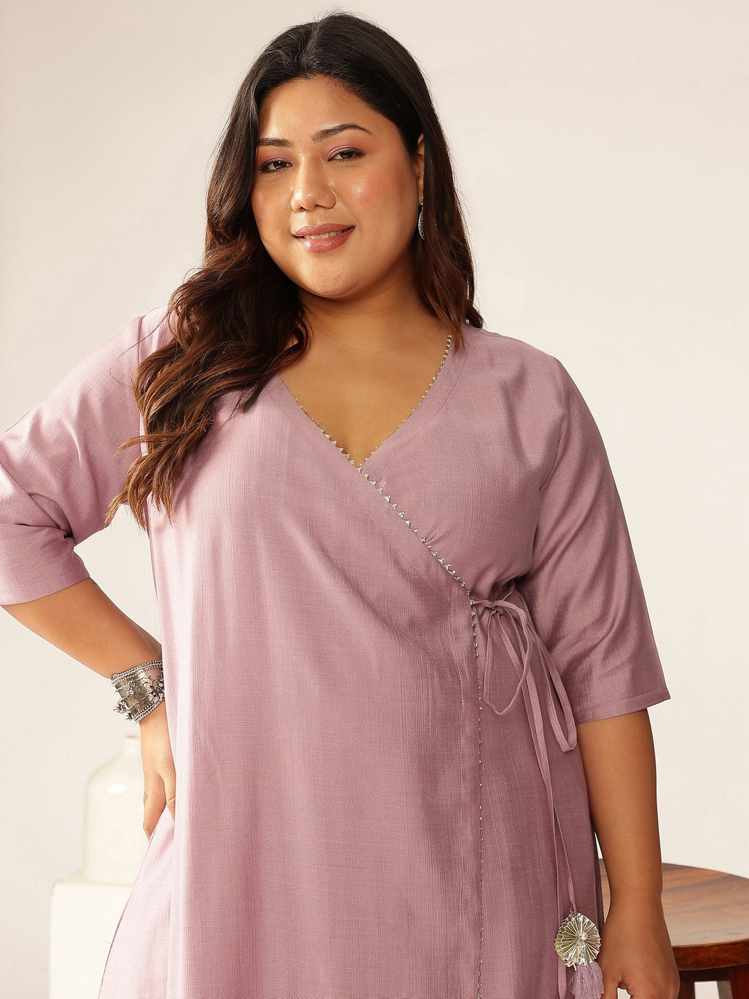 Janasya Light Silk Blend Solid Angrakha Kurta Set | Swadesiicart