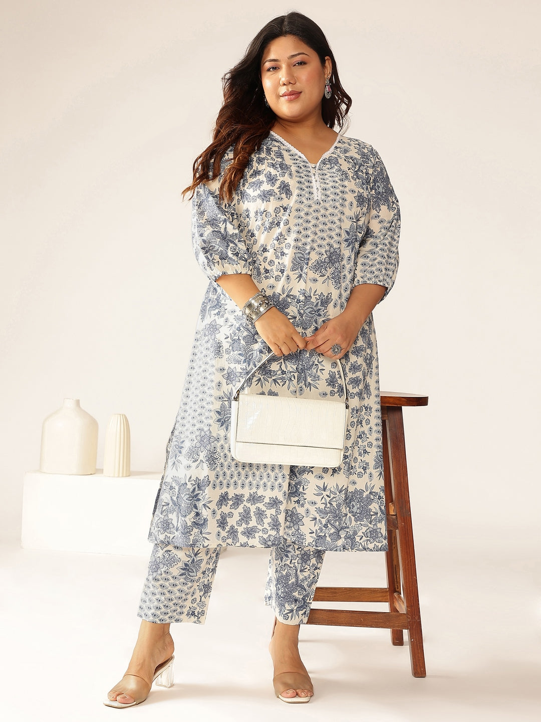 Janasya Light Cotton Floral A-Line Kurta Set | Swadesiicart