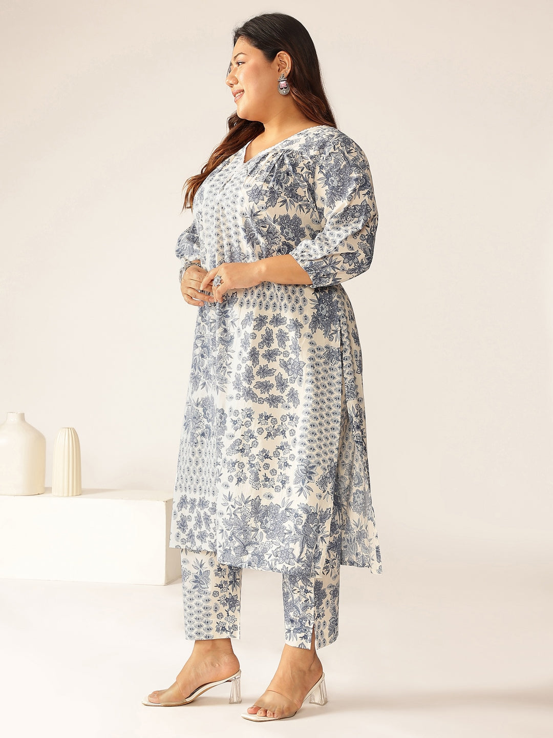 Janasya Light Cotton Floral A-Line Kurta Set | Swadesiicart
