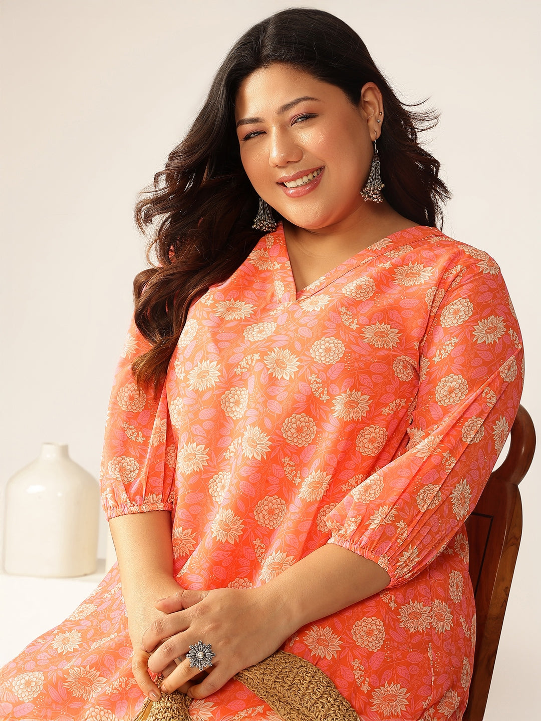 Janasya Bright Georgette Floral A-Line Tunic | Swadesiicart