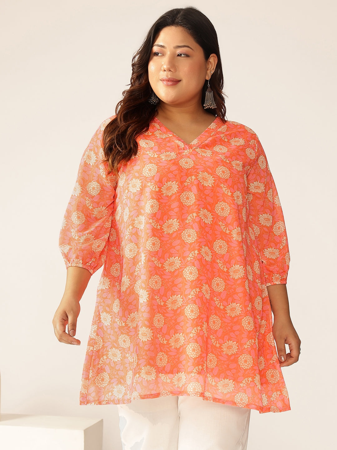 Janasya Bright Georgette Floral A-Line Tunic | Swadesiicart