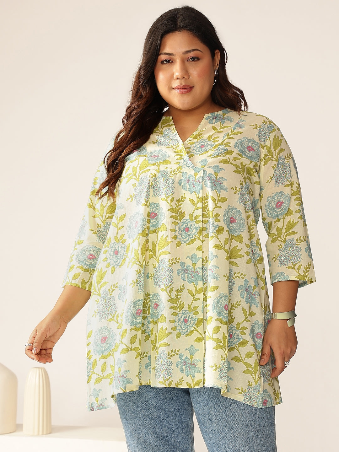Janasya Light Cotton Floral A-Line Tunic | Swadesiicart