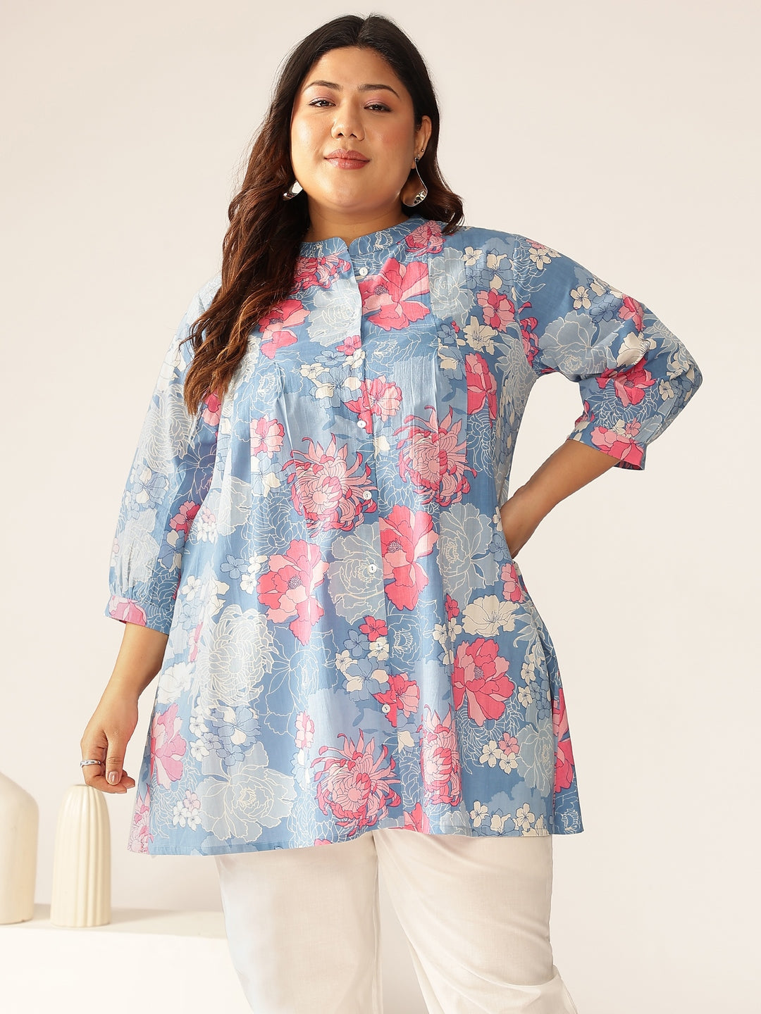 Janasya Bright Cotton Floral A-Line Tunic | Swadesiicart