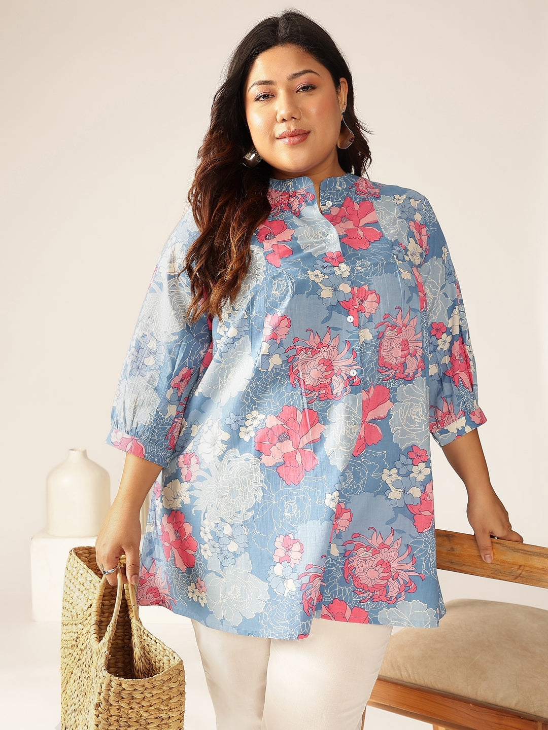Janasya Bright Cotton Floral A-Line Tunic | Swadesiicart