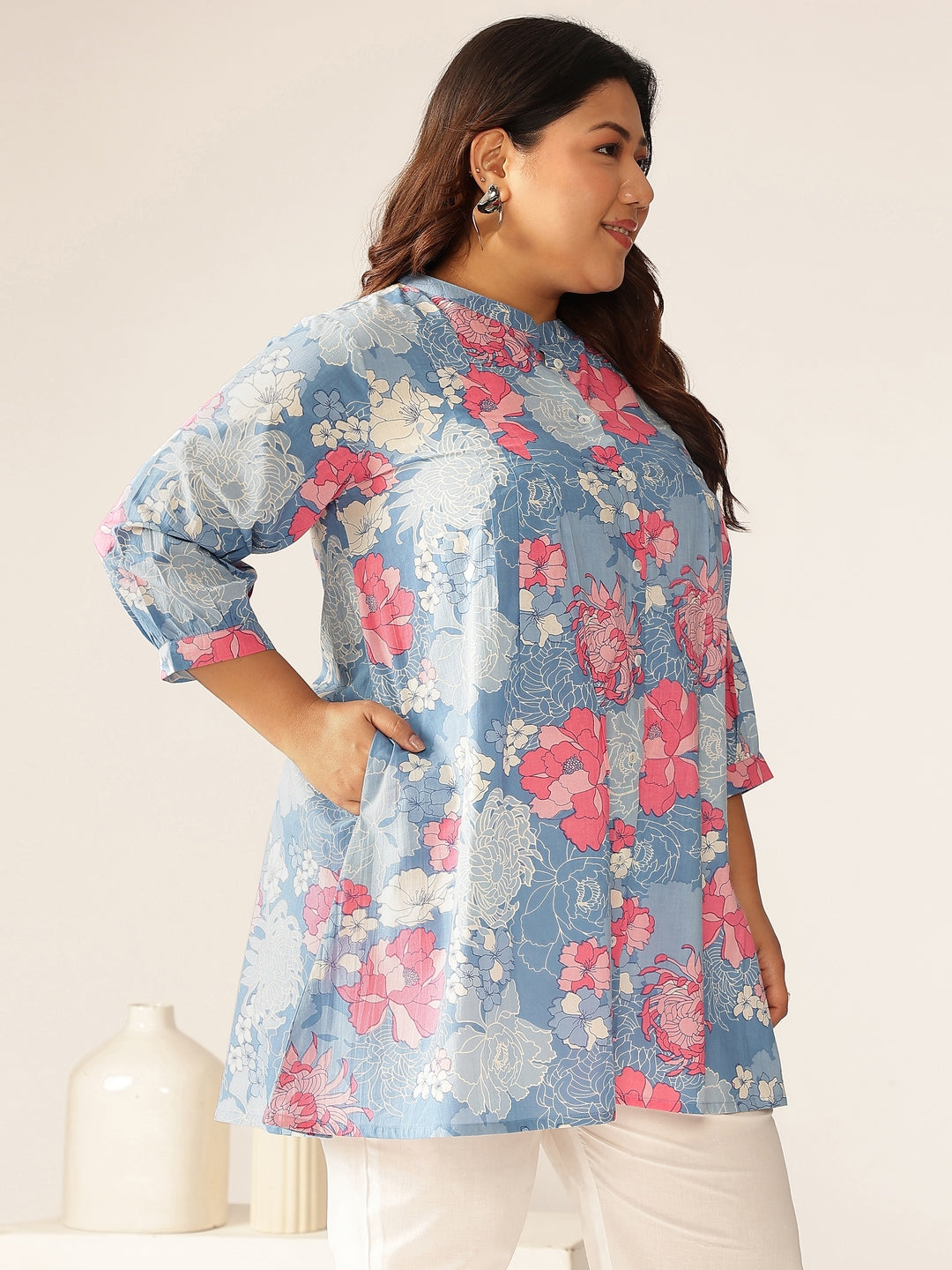 Janasya Bright Cotton Floral A-Line Tunic | Swadesiicart