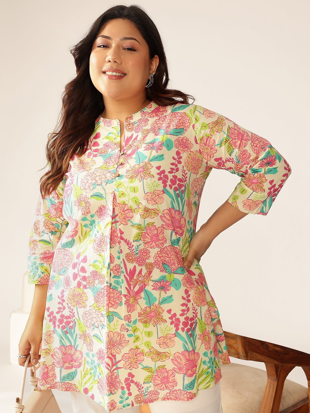 Janasya Bright Cotton Floral A-Line Tunic | Swadesiicart