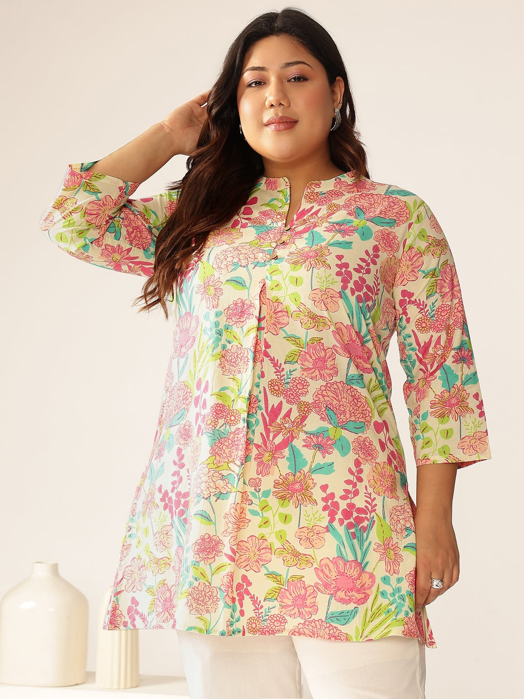 Janasya Bright Cotton Floral A-Line Tunic | Swadesiicart