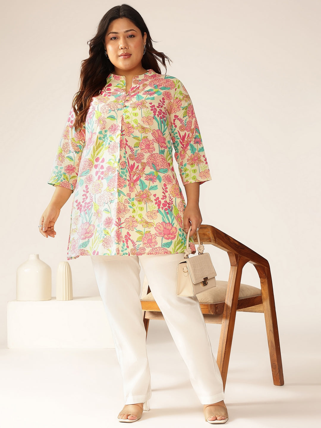 Janasya Bright Cotton Floral A-Line Tunic | Swadesiicart