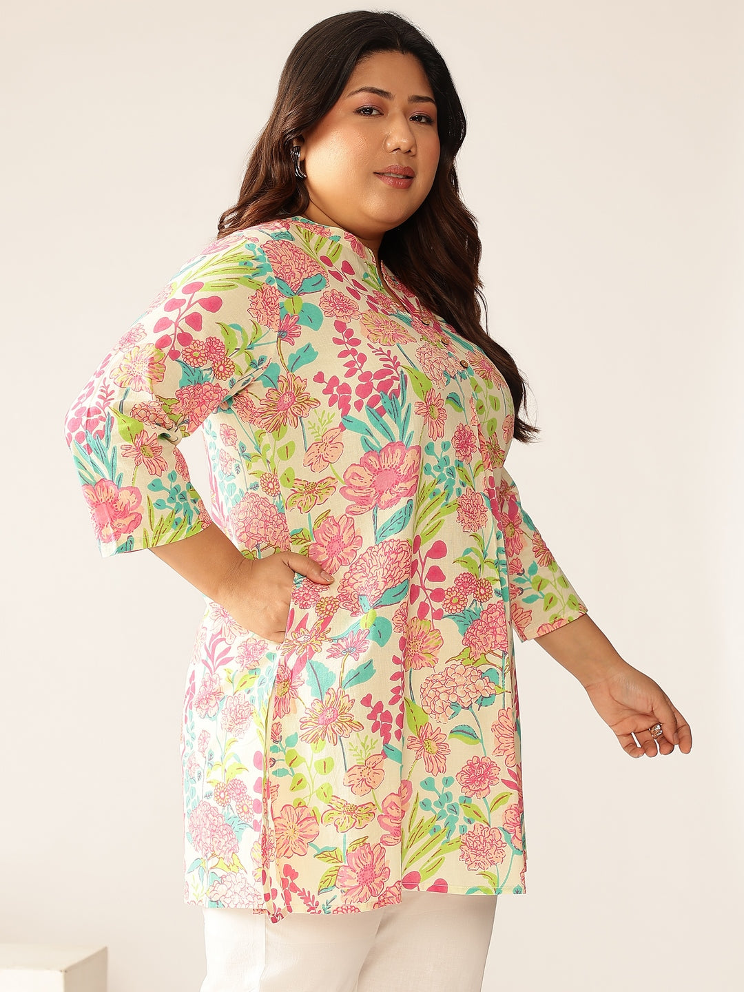 Janasya Bright Cotton Floral A-Line Tunic | Swadesiicart