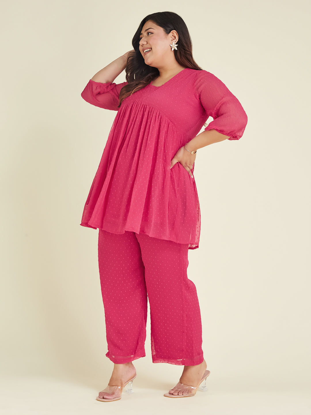 Janasya Bright Dobby Chiffon Self Design A-Line Top & Bottom Set | Swadesiicart