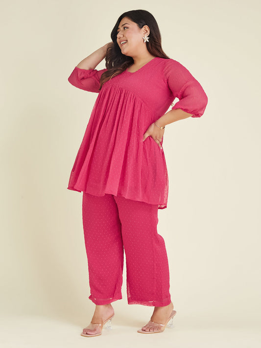 Janasya Bright Dobby Chiffon Self Design A-Line Top & Bottom Set | Swadesiicart