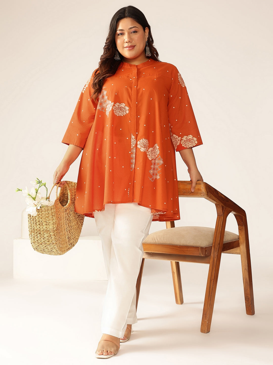 Janasya Dark Cotton Floral A-Line Tunic - Swadesiicart