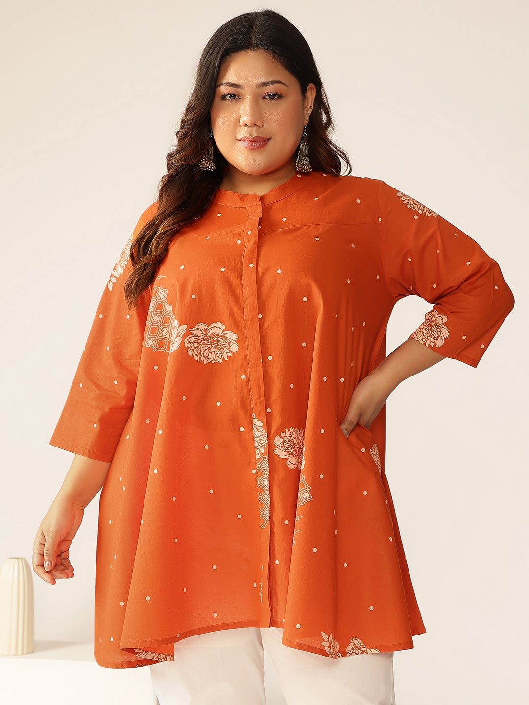 Janasya Dark Cotton Floral A-Line Tunic - Swadesiicart