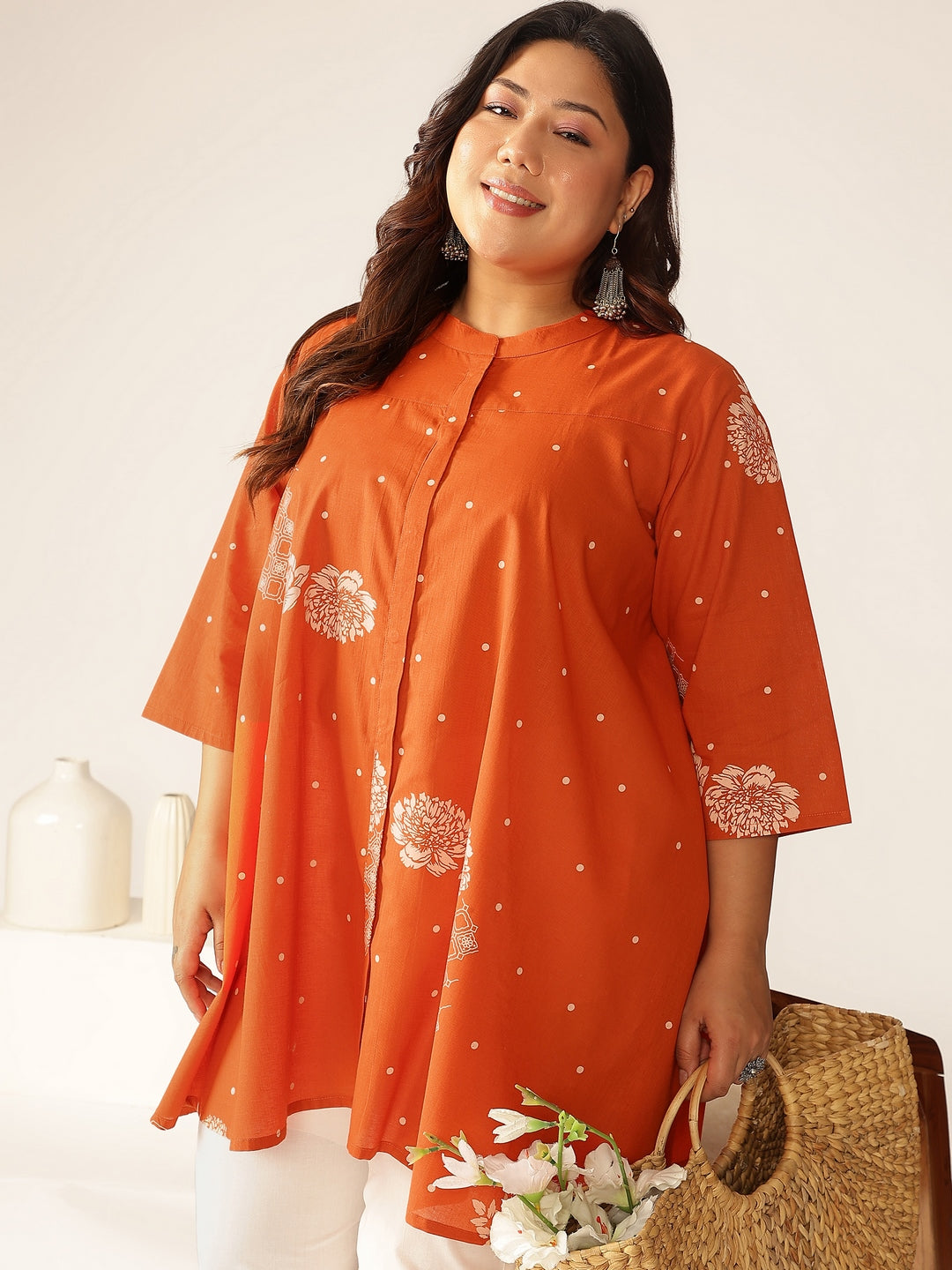 Janasya Dark Cotton Floral A-Line Tunic - Swadesiicart