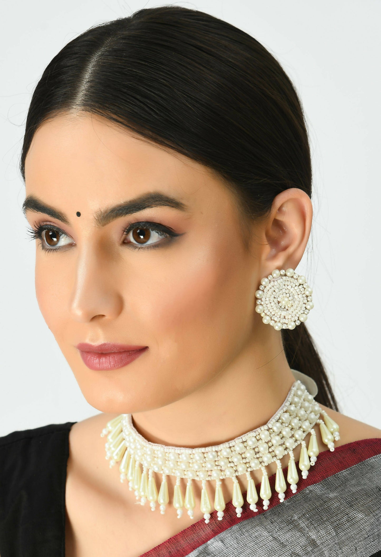 Mominos Fashion Johar Kamal Off White Handicraft Pearls Necklace with Earrings For Women - Swadesiicart