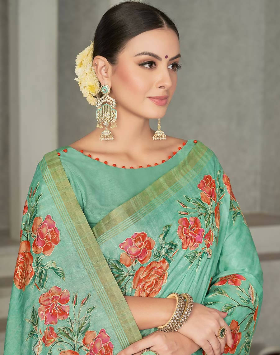 Sea Green Rangkat Tussar Silk Woven Design Saree with Unstitched Blouse - Mohmanthan Eshani | Swadesiicart