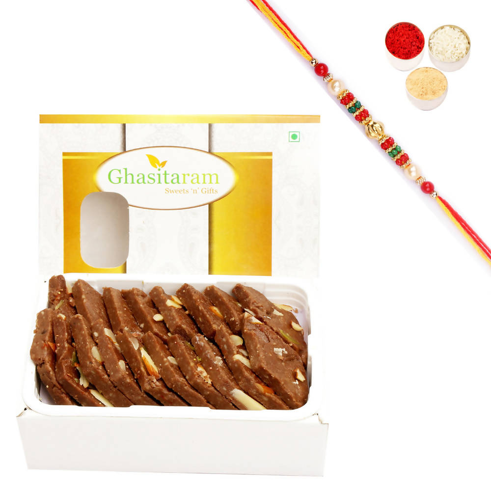 Ghasitaram Chocolate Kaju Katli With Pearl Beads Rakhi | Swadesiicart