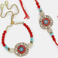 NVR Women & Men Set of 2 Red-colored Stone-Studded & Beaded Bhaiya Bhabhi Rakhi With Roli Chawal & Chocolate | Swadesiicart