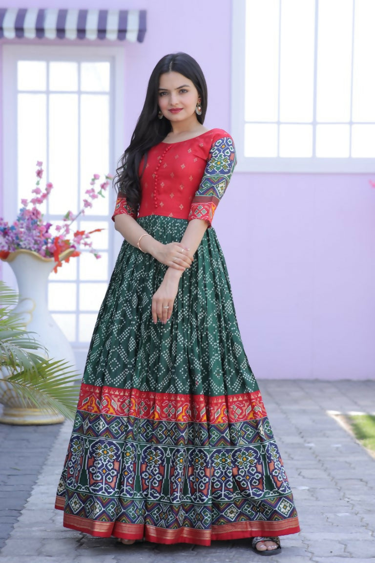 Jyoti Fashion Women's Bottle Green Patola with Foil Print Dola Silk Anarkali Dress | Swadesiicart
