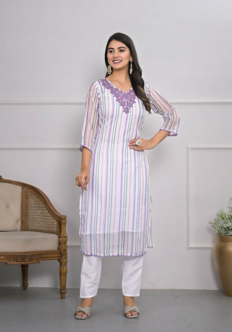 White Viscose Silk Embroidery with Thread and sequence Stitched Suit With Dupatta - Tanisha | Swadesiicart