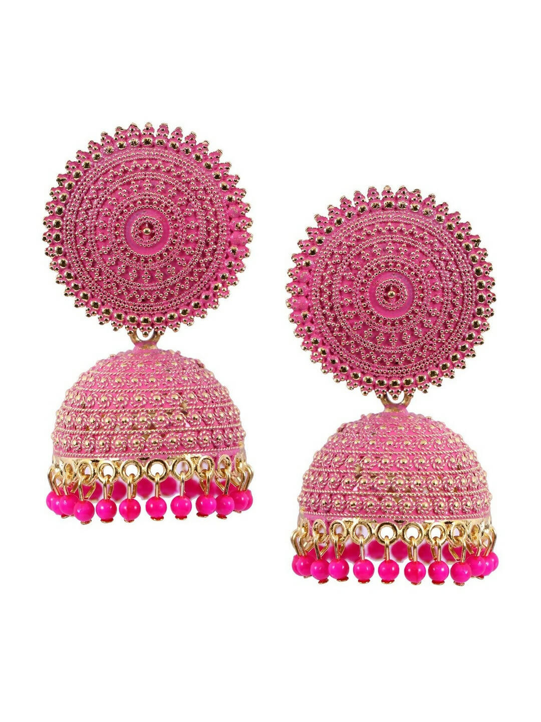 Mominos Fashion Joharkamal Gold-Polished Meenakari Jhumkas For Women & Girls (Magenta) - Swadesiicart