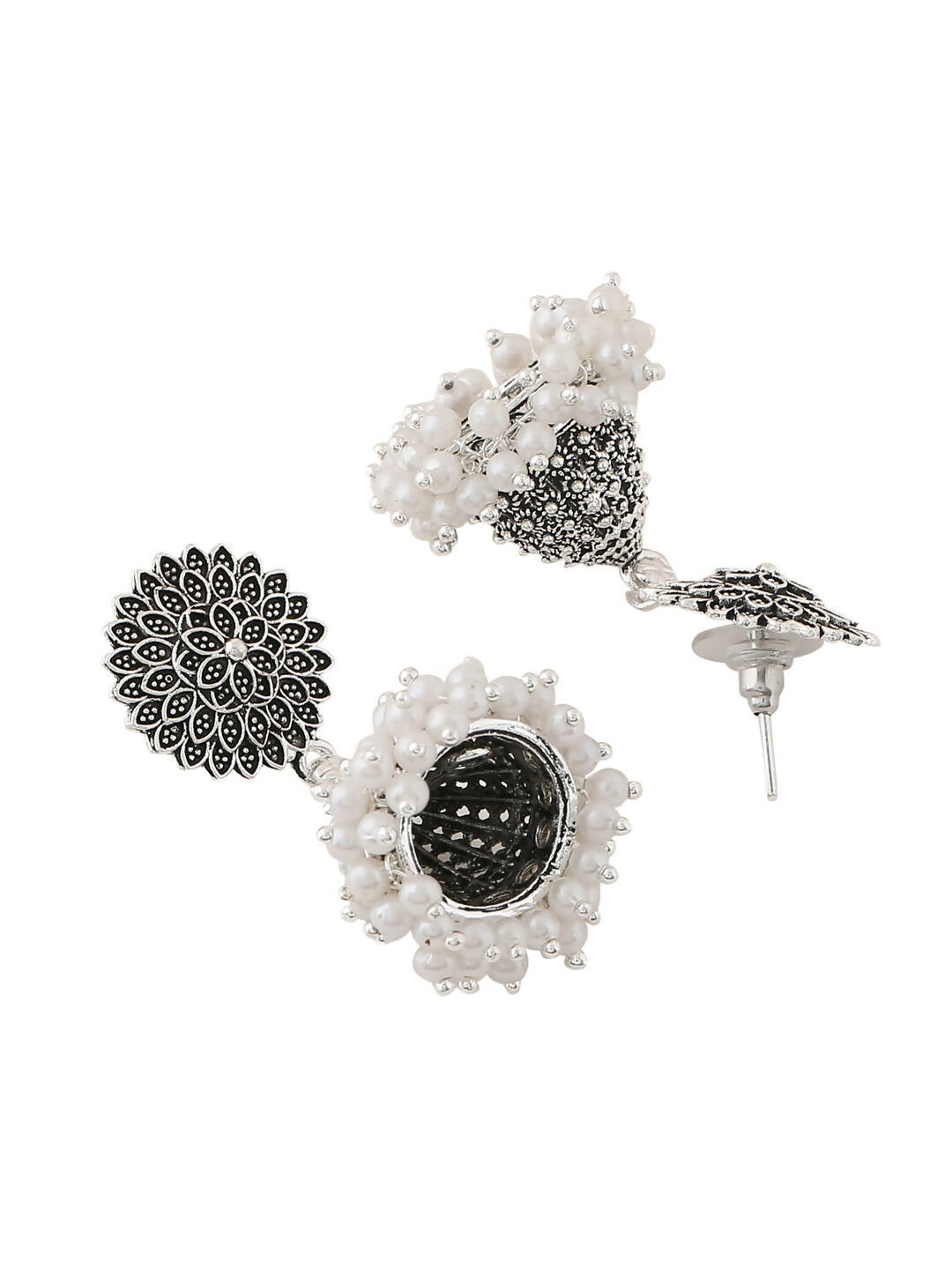 NVR Women Silver Toned Dome Shaped Jhumkas Earrings | Swadesiicart