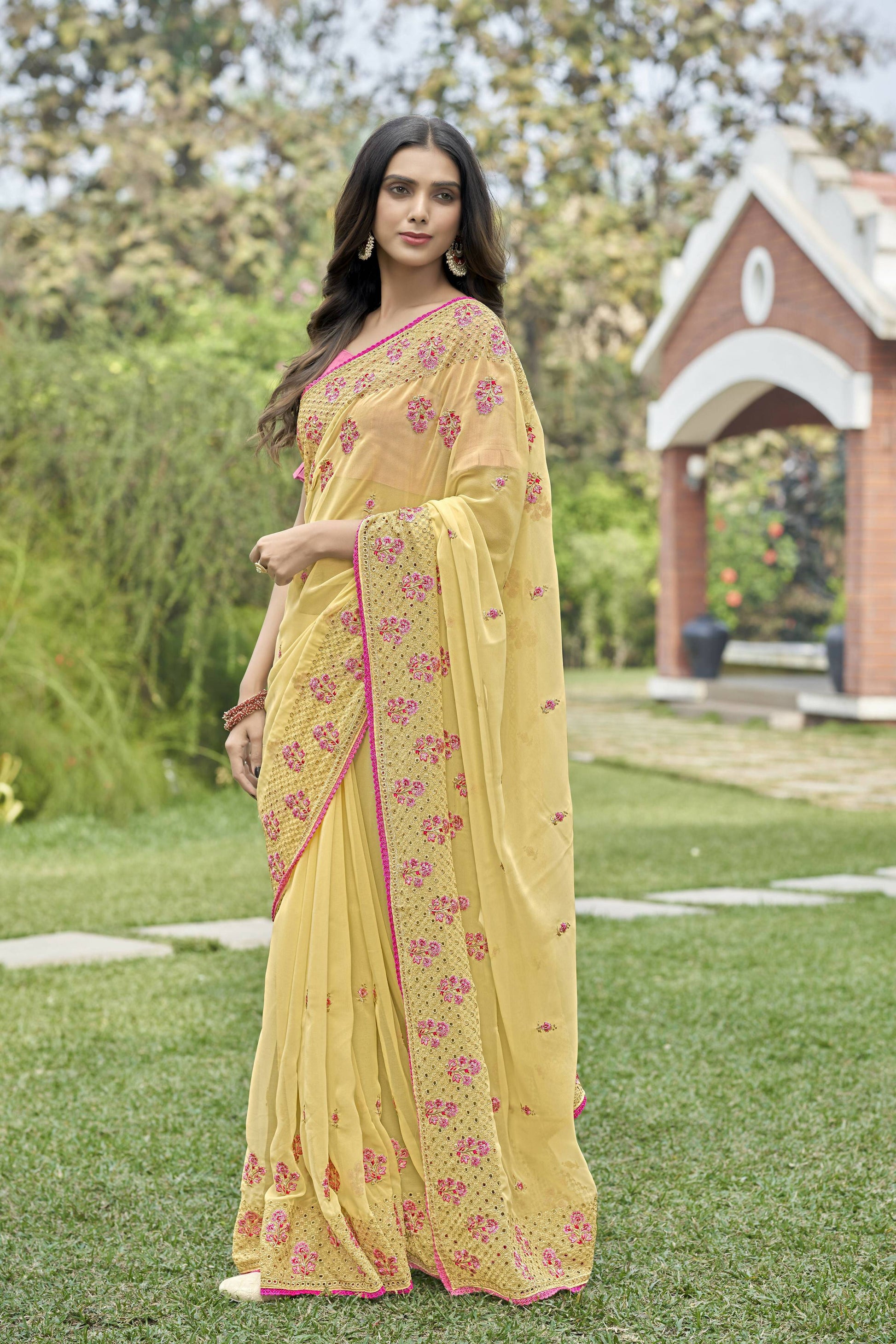 Vamsee Rashmika 2.0 Yellow Georgette Silk Saree - Swadesiicart