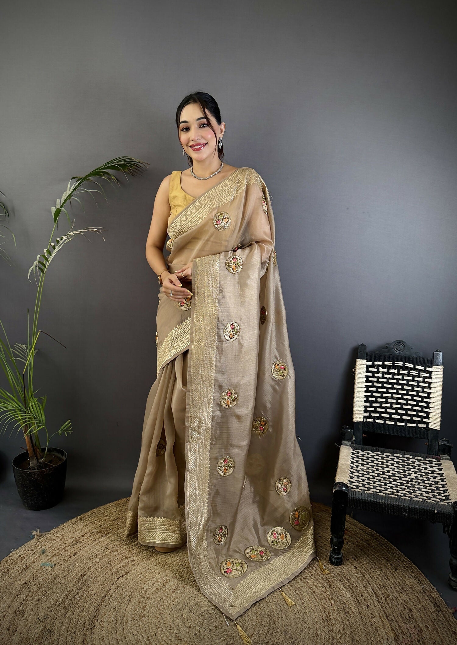 Joban Fashion Mud Brown Handloom Banarasi Organza Silk Khatali Butta Work Saree | Swadesiicart
