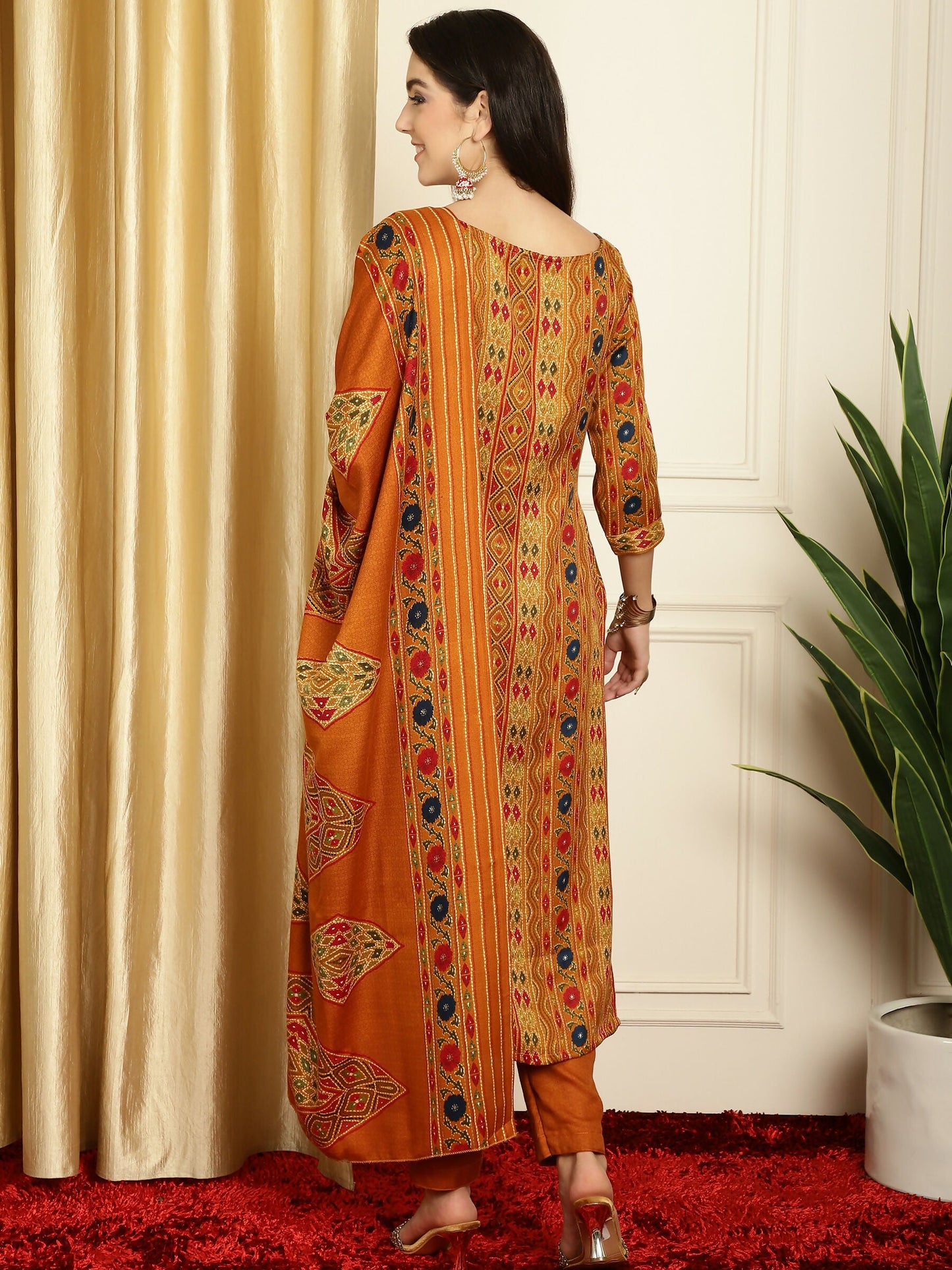 Jyoti Fashion Women's Mustard Pashmina Floral Digital Printed Kurta with Trouser & Dupatta | Swadesiicart