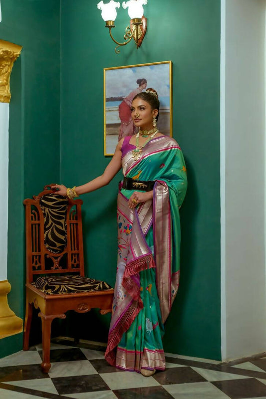 Vishnu Weaves Women's Sea Green Paithani Silk Zari Woven Saree with Unstitched Blouse - Swadesiicart