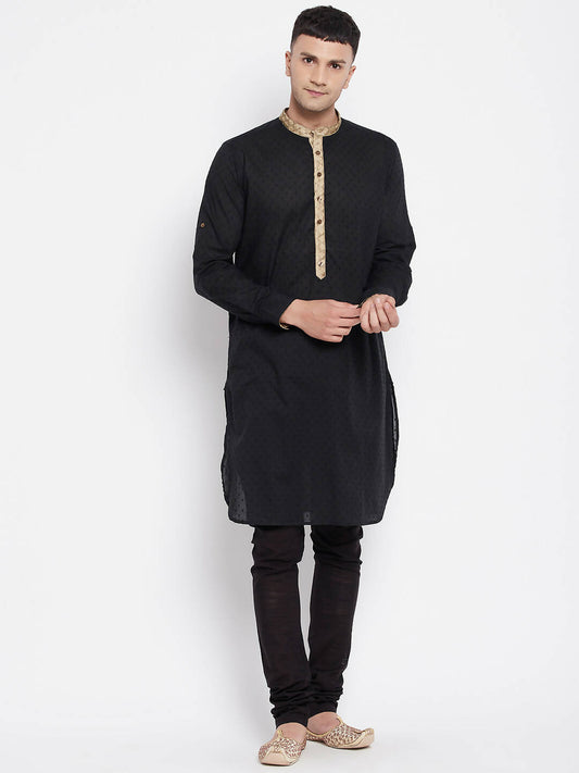 Even Apparels Black Pure Cotton Men's Kurta With Contrast Collar And Placket | Swadesiicart