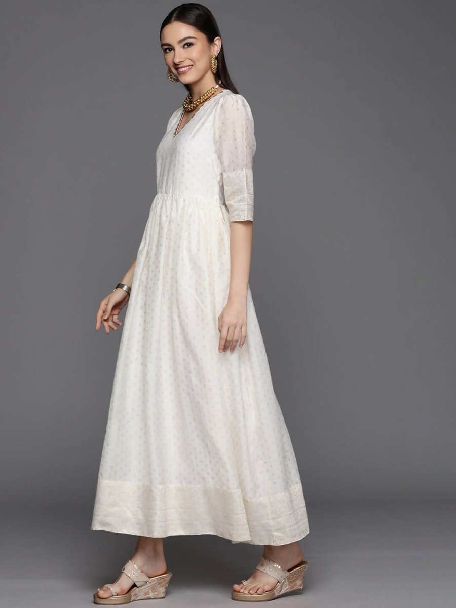 Ahalyaa Women's Off white Chanderi Gold Pasted Dress | Swadesiicart