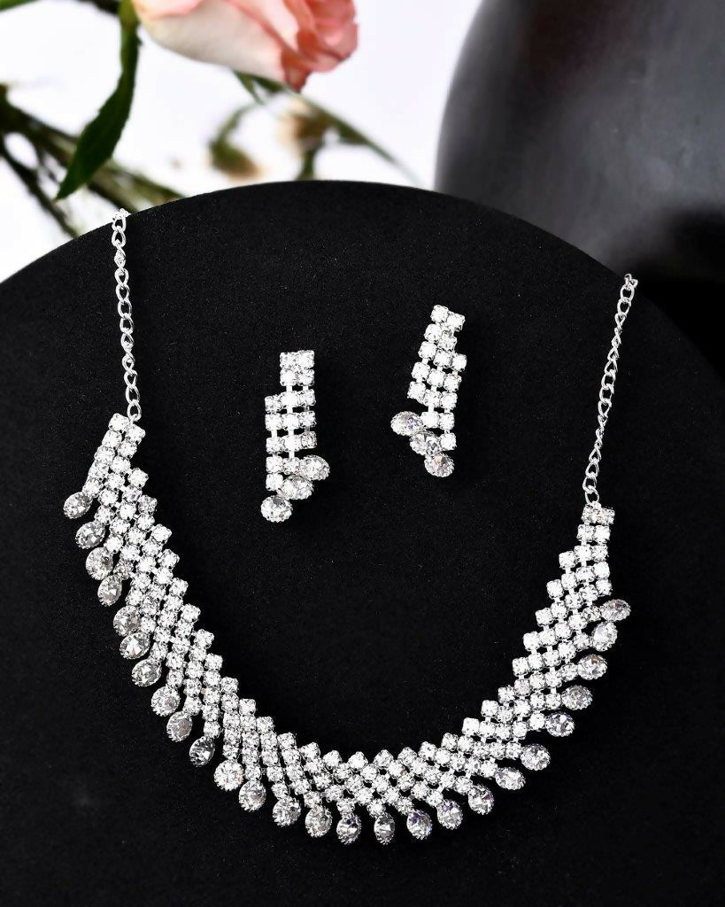 VOJ Silver Plated AD Stone Studded Necklace With Earrings Jewellery Set - VOJ (Valley Of Jewellery)