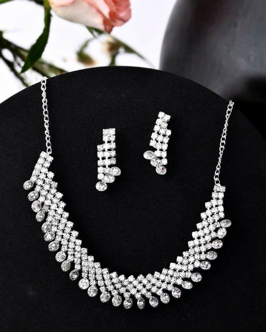VOJ Silver Plated AD Stone Studded Necklace With Earrings Jewellery Set - VOJ (Valley Of Jewellery)