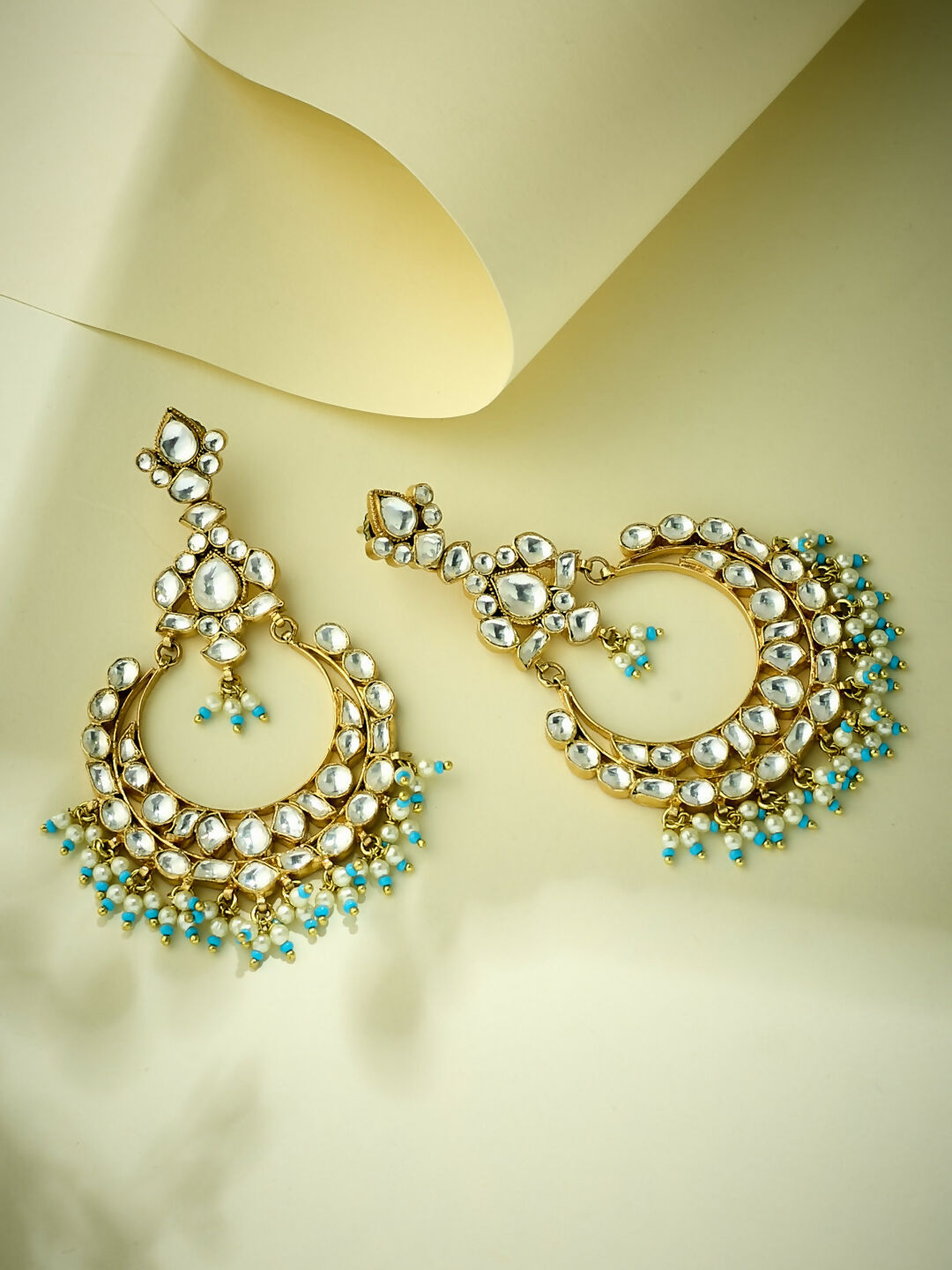 Nuyug 22K Gold-Plated Kundan Stone Studded & Pearl Beaded Chandbalis | Swadesiicart