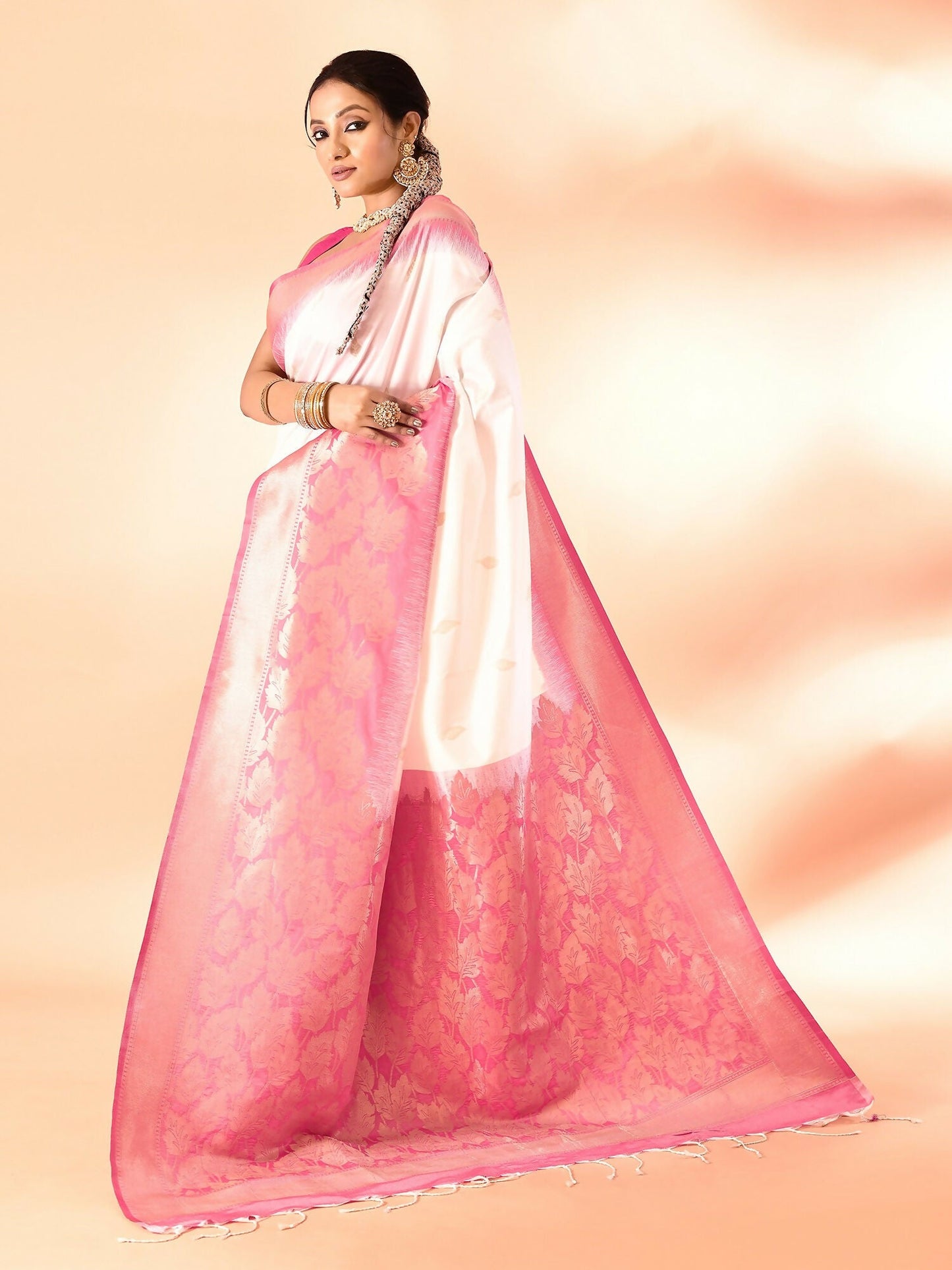 Joban Fashion White & Rani Pink Plain With Weaving Border Banarasi Silk Sarees | Swadesiicart