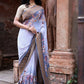 Joban Fashion Dusty Blue Crepe Chiffon Pure Handloom Banarasi Silk Saree | Swadesiicart