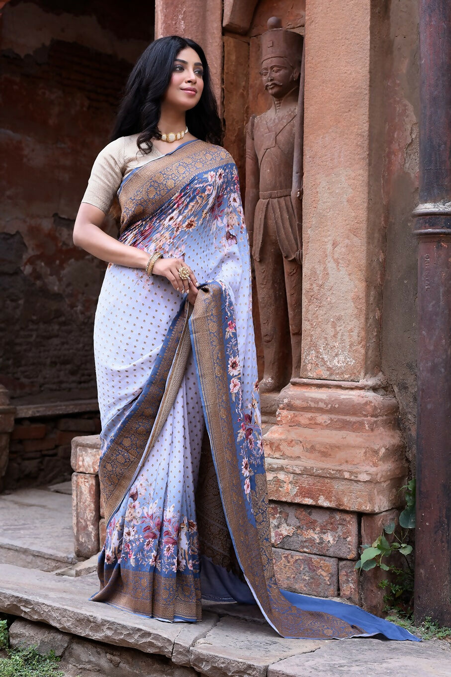 Joban Fashion Dusty Blue Crepe Chiffon Pure Handloom Banarasi Silk Saree | Swadesiicart