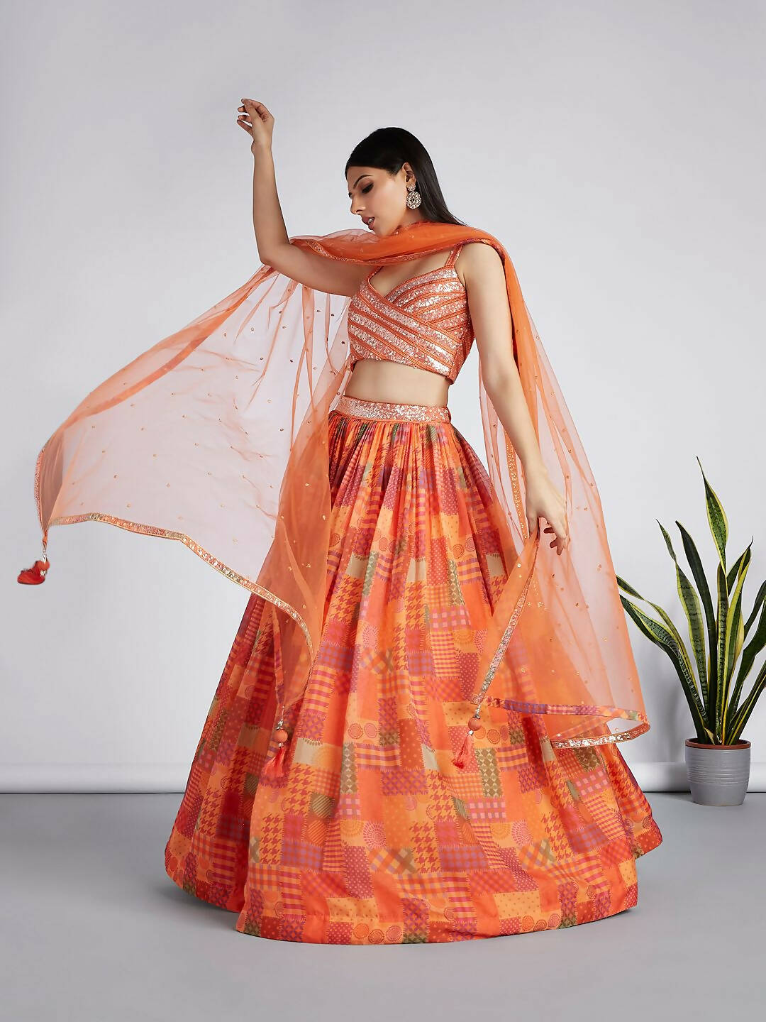 House of Panchhi Orange colour Organza Treditional design digital print Semi-Stitched Lehenga choli & Dupatta | Swadesiicart