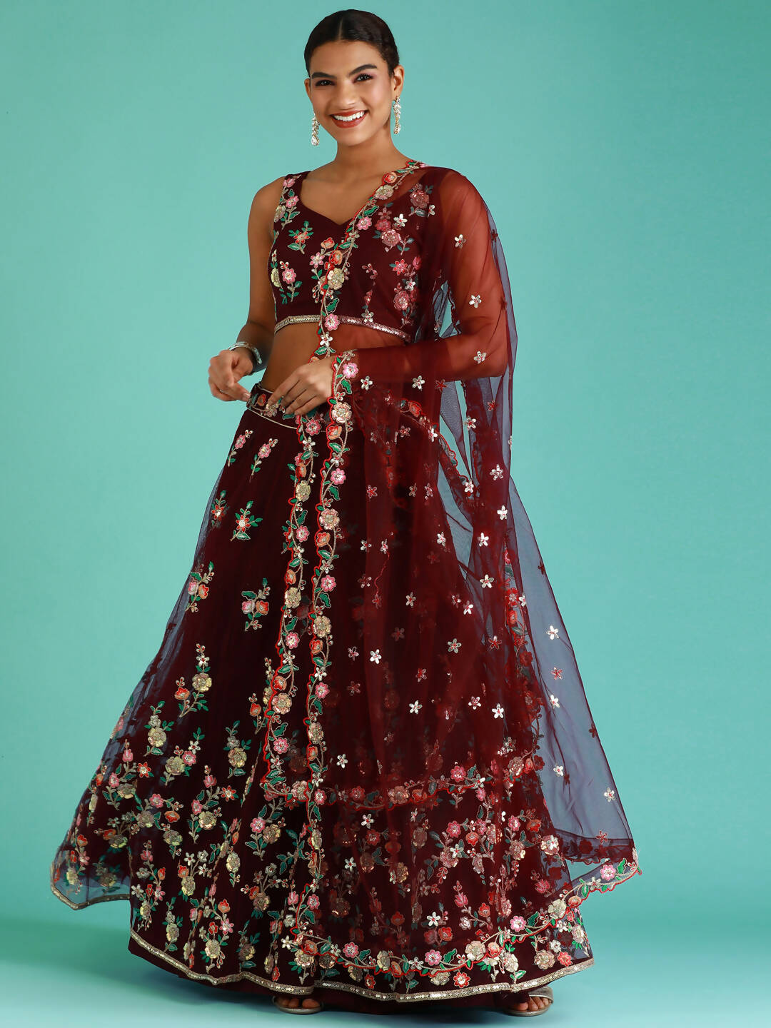 House of Panchhi Burgundy Net Sequinse Work Lehenga & Blouse, Dupatta | Swadesiicart