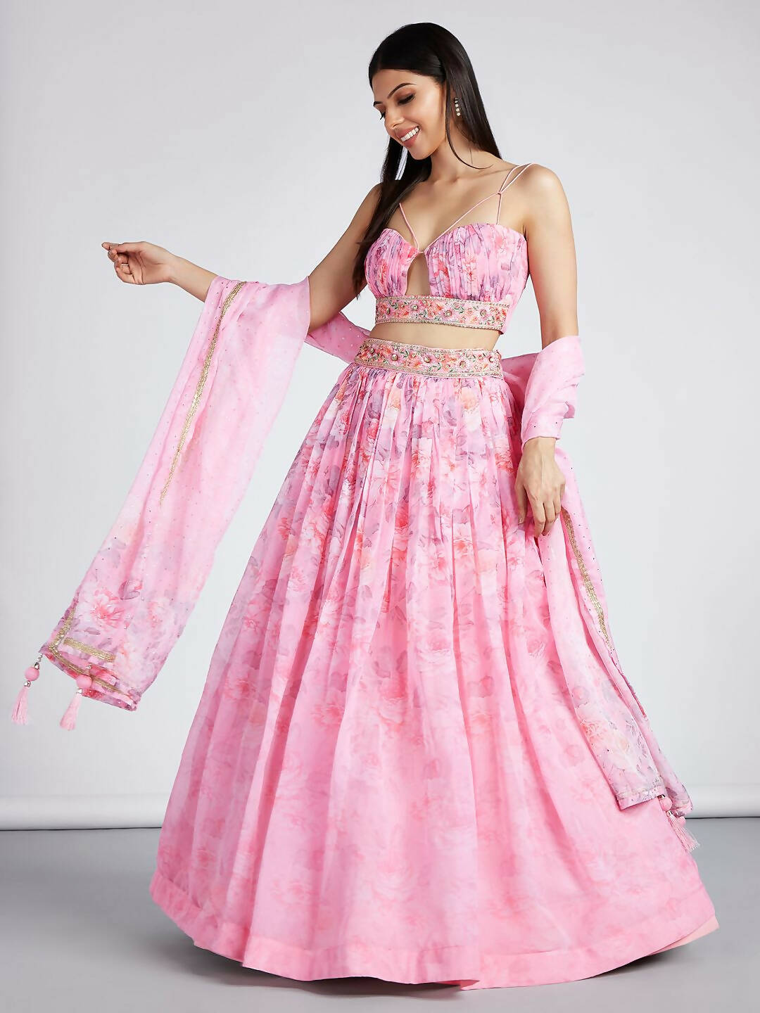 House of Panchhi Coral colour Organza Floral design digital print Semi-Stitched Lehenga choli & Dupatta | Swadesiicart