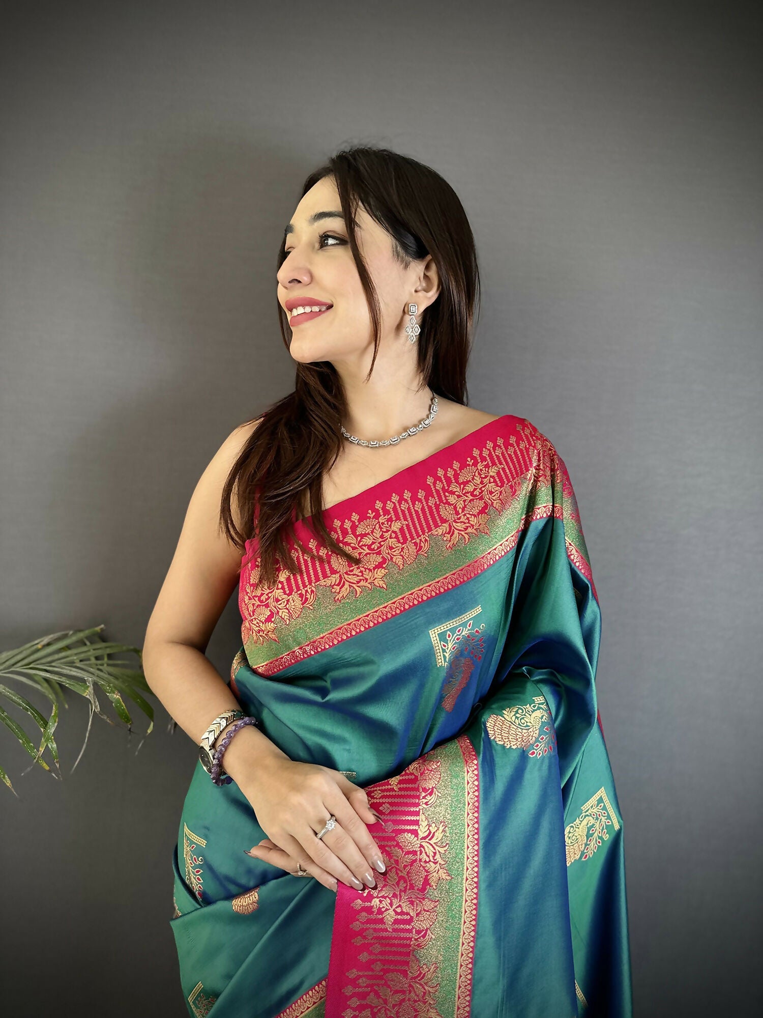 Joban Fashion Teal Banarasi Soft Silk Peacock Butta Work Saree | Swadesiicart