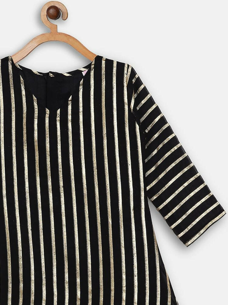 Ahalyaa Black Georgette Stripped Gold Printed Kids Kurta Pant Set For Girls | Swadesiicart