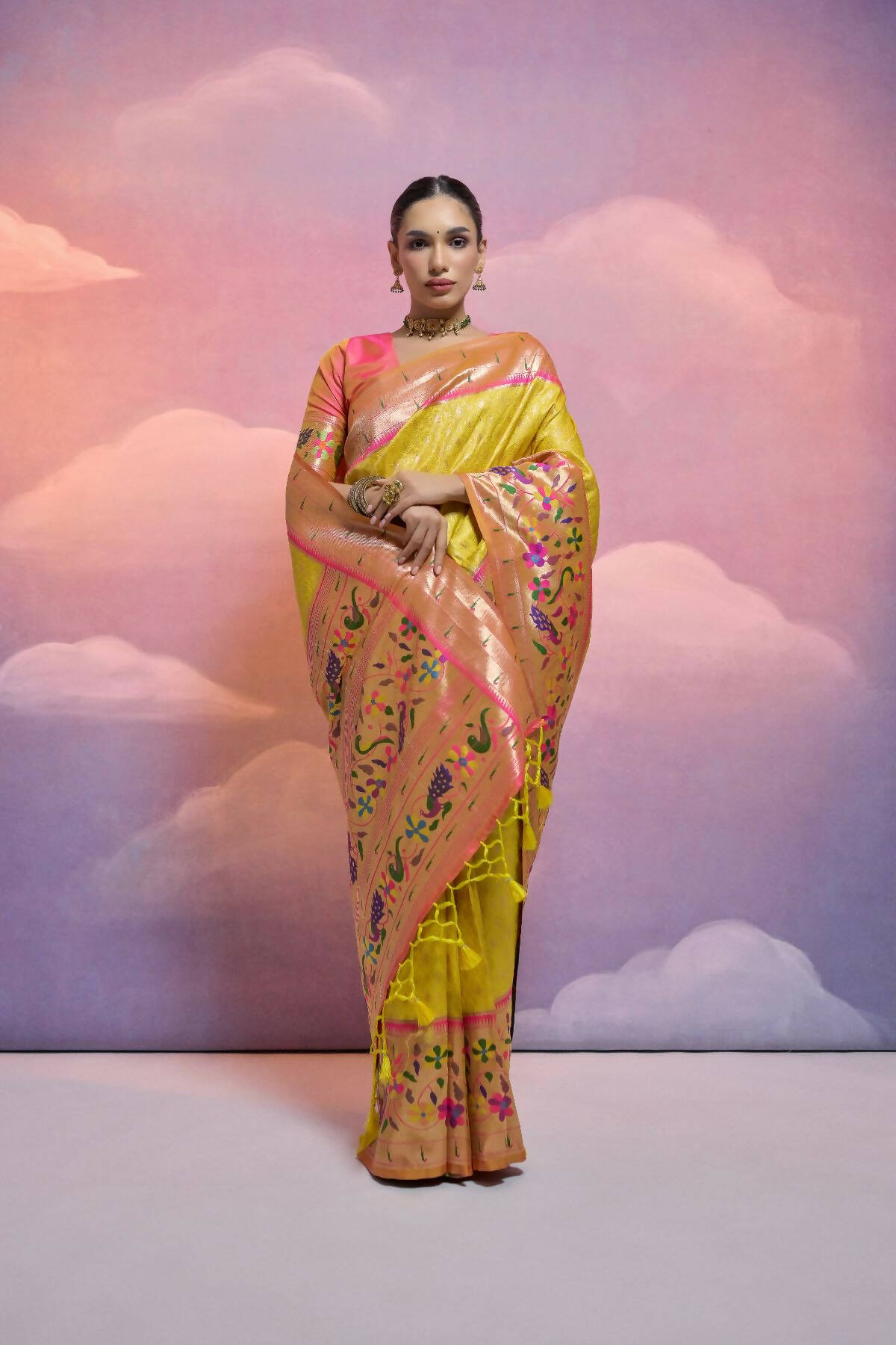 Vishnu Weaves Women's Yellow Paithani Silk Zari Woven Saree with Blouse - Swadesiicart