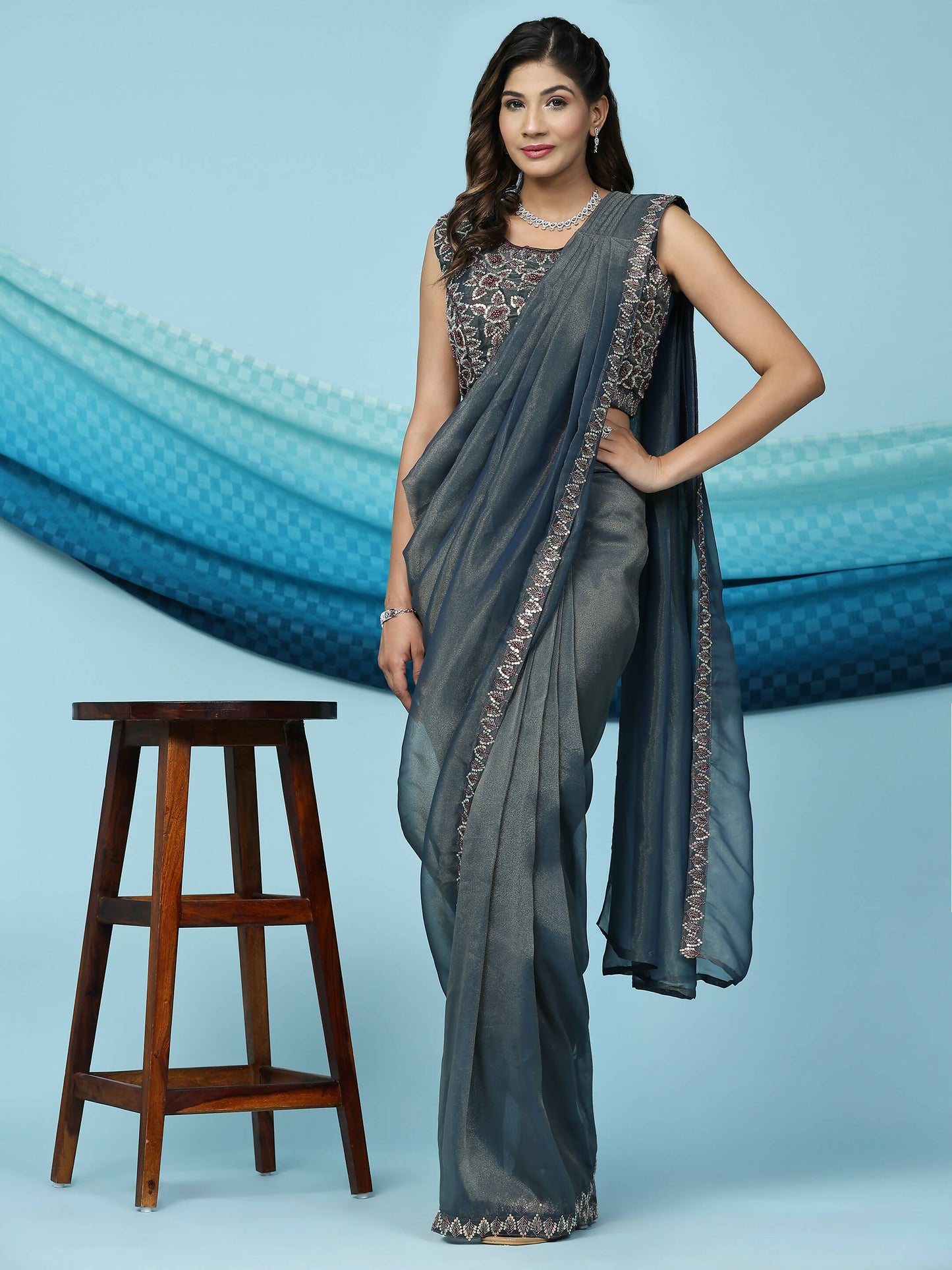 Teal Lycra Shimmer Pattern Ready to Wear Saree with stitched Blouse - Nirvana | Swadesiicart