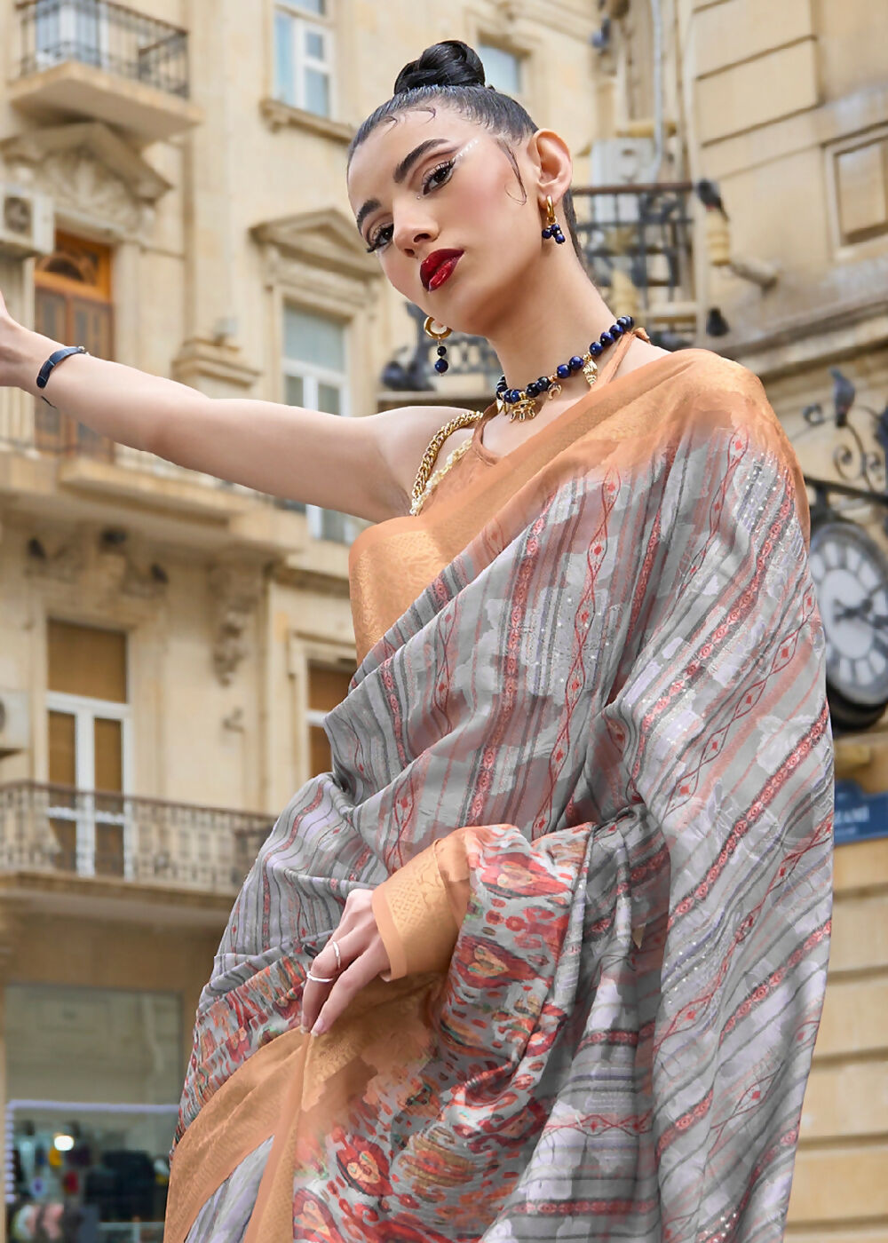 Lovely Grey Polly Brasso Designer Saree - Emponline | Swadesiicart