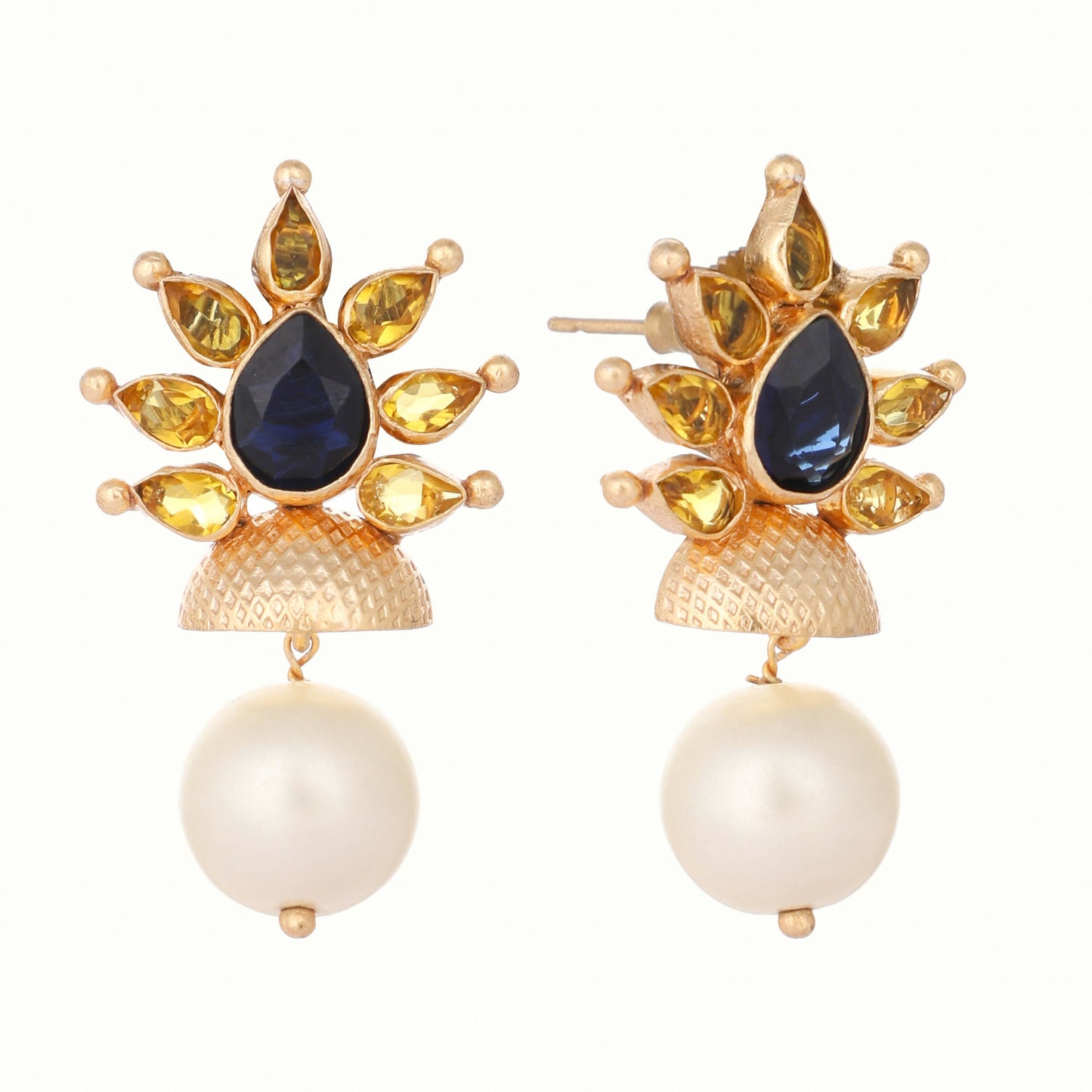 Nuyug 22K Gold Plated Pearl & Crystal Studded Contemporary Floral Stud Earrings | Swadesiicart