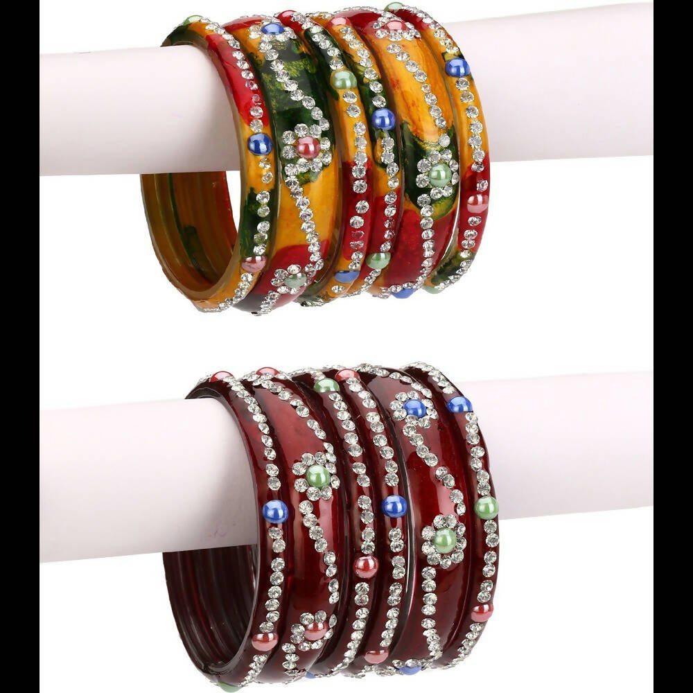 Afast Bridal Wedding & Party Fashionable Colorful Glass Bangle/Kada Set, Pack Of 12 - Yellow, Maroon - Afast Enterprises