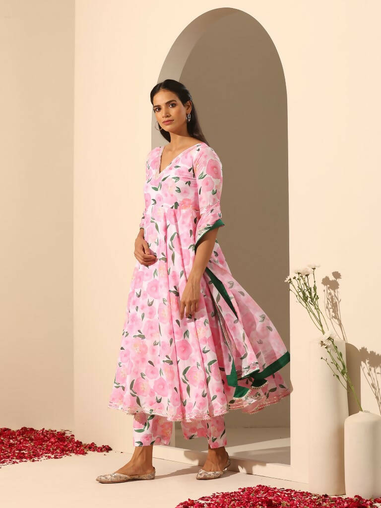 Pomcha Jaipur Pink Gul Rozi Anarkali Set | Swadesiicart